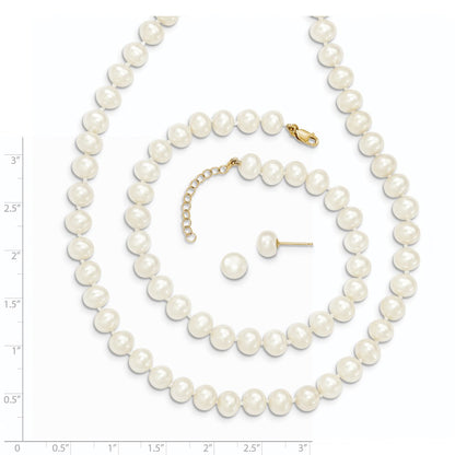 14K Yellow Gold 6-7mm Freshwater Cultured Pearl 7.25 w/1 Ext Brace 18 w/2 Ext Neck Earring Set