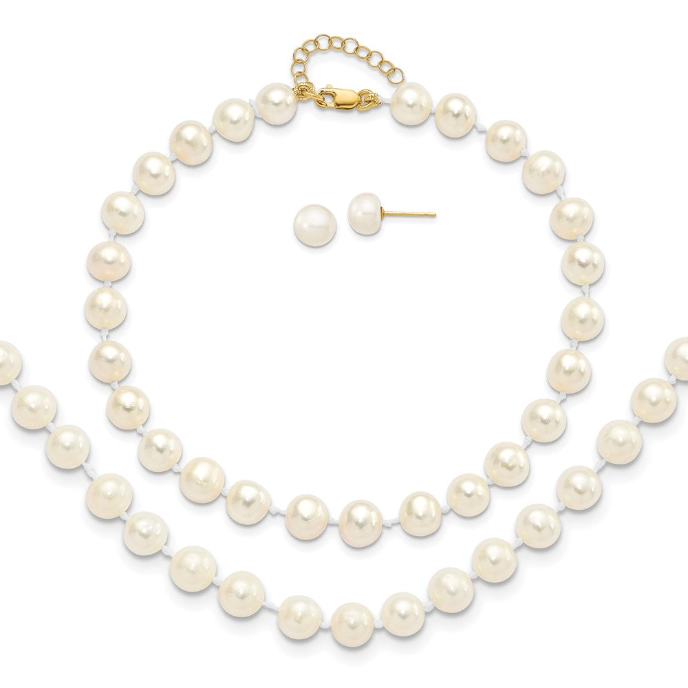 14K Yellow Gold 6-7mm Freshwater Cultured Pearl 7.25 w/1 Ext Brace 18 w/2 Ext Neck Earring Set