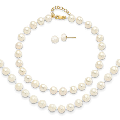 14K Yellow Gold 6-7mm Freshwater Cultured Pearl 7.25 w/1 Ext Brace 18 w/2 Ext Neck Earring Set