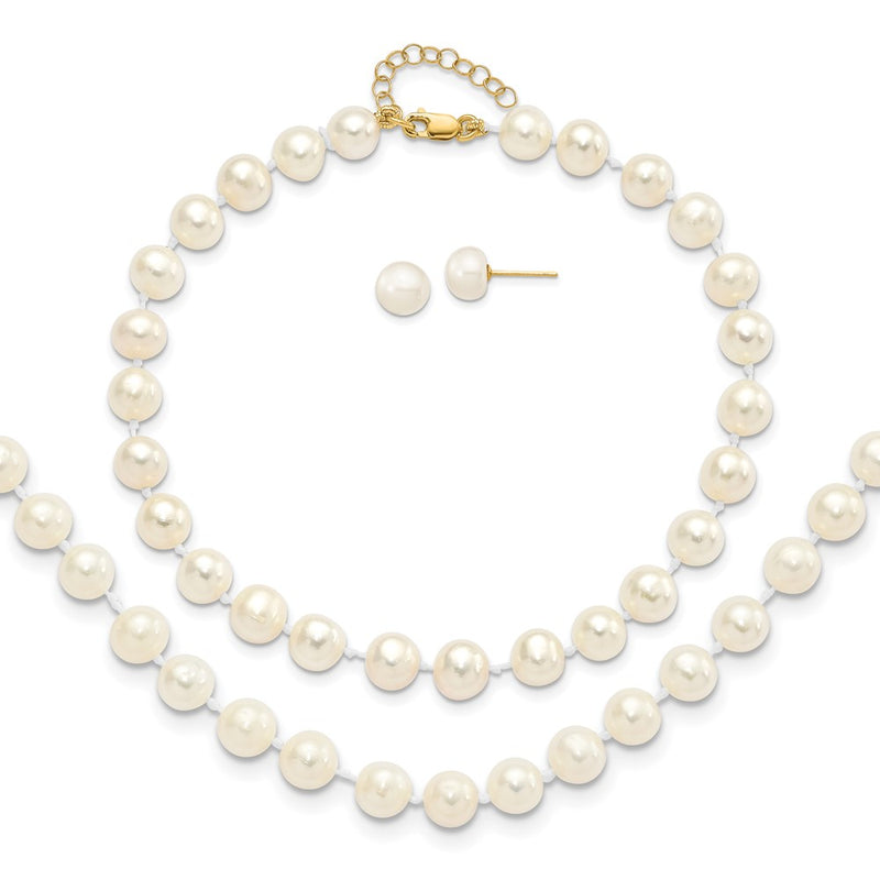 14K Yellow Gold 6-7mm Freshwater Cultured Pearl 7.25 w/1 Ext Brace 18 w/2 Ext Neck Earring Set