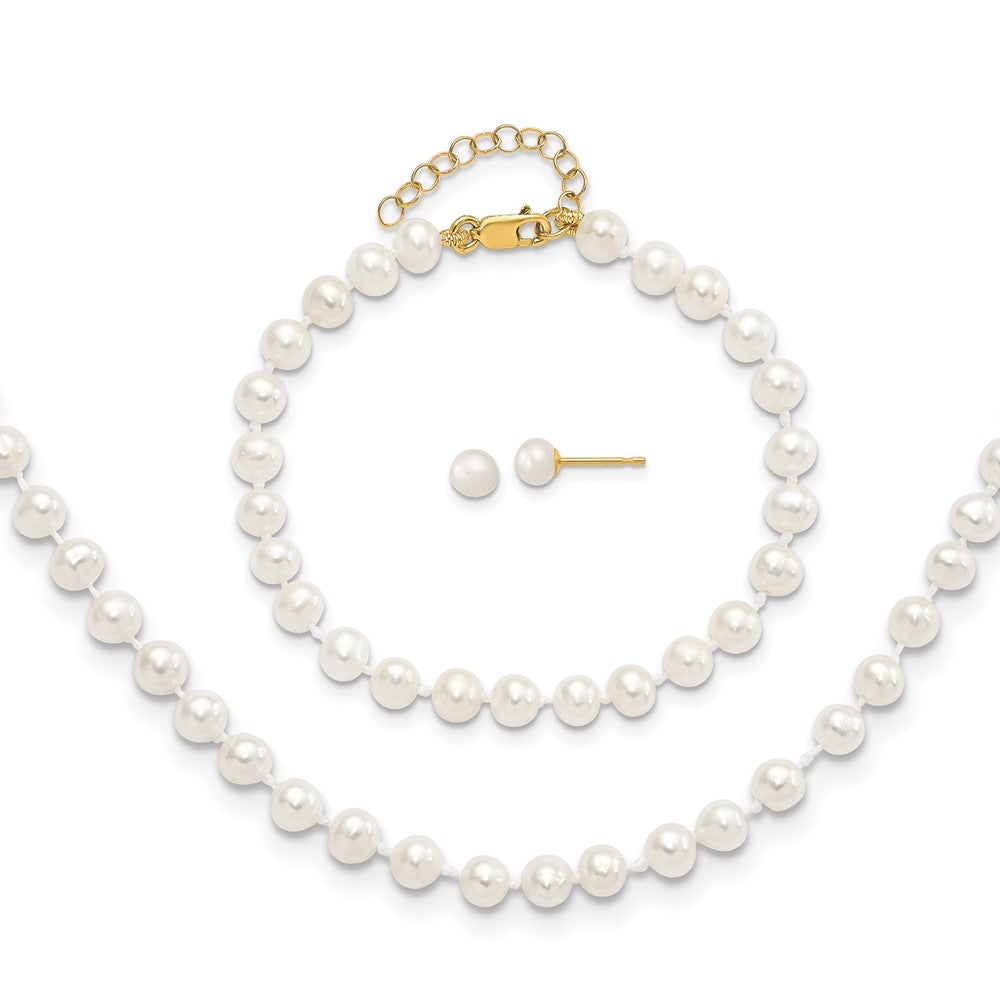 14K Yellow Gold 4-5mm Freshwater Cultured Pearl 5 w/1 Ext Bracelet 14 w/1 Ext Neck Earring Set