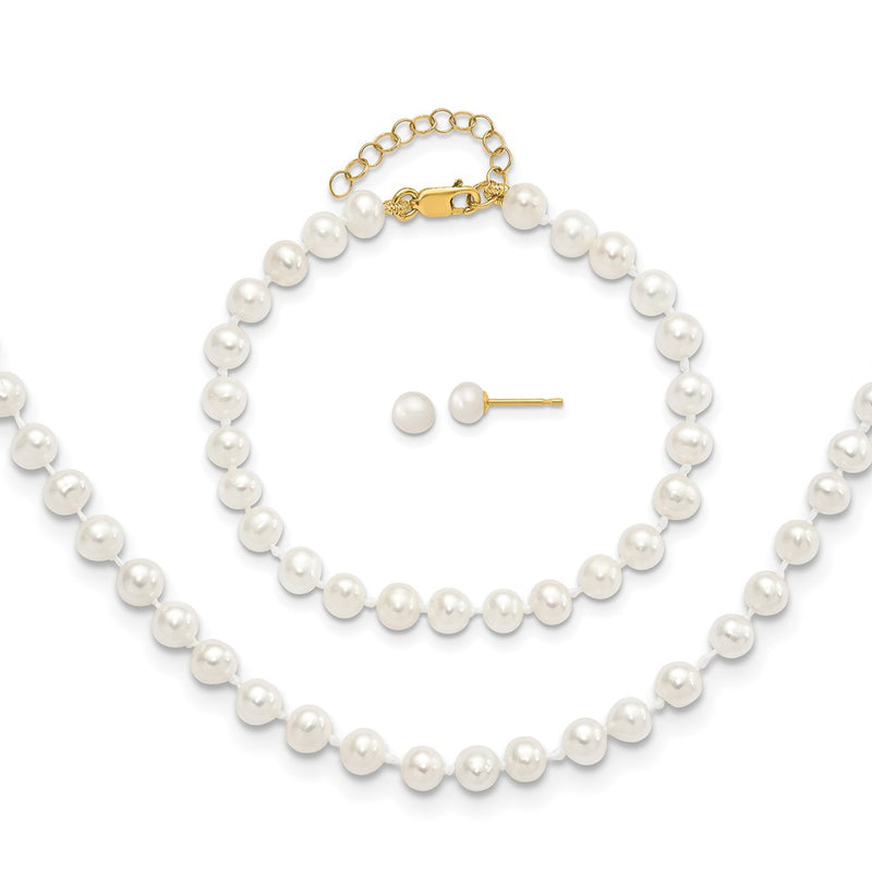 14K Yellow Gold 4-5mm Freshwater Cultured Pearl 5 w/1 Ext Bracelet 14 w/1 Ext Neck Earring Set