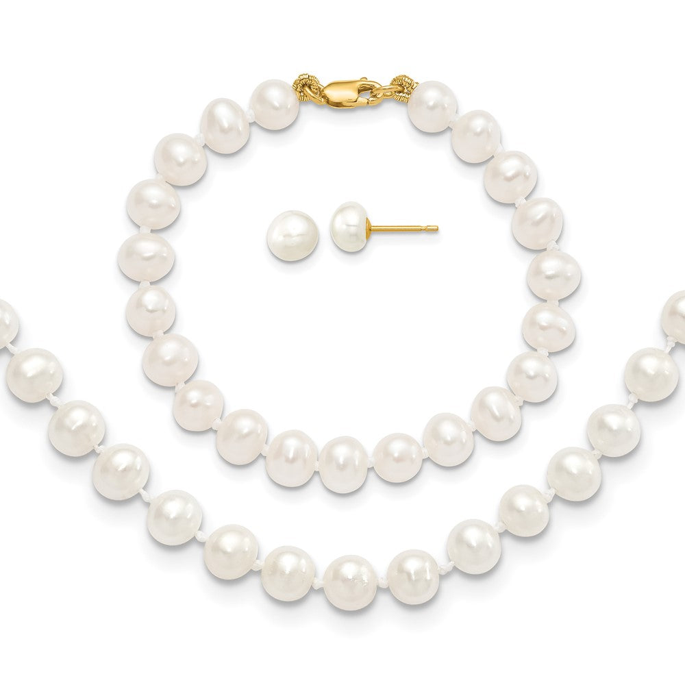 14K Yellow Gold 5-6mm Freshwater Cultured Pearl 5in Bracelet, 14in Necklace & Earring Set