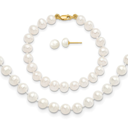 14K Yellow Gold 5-6mm Freshwater Cultured Pearl 5in Bracelet, 14in Necklace & Earring Set
