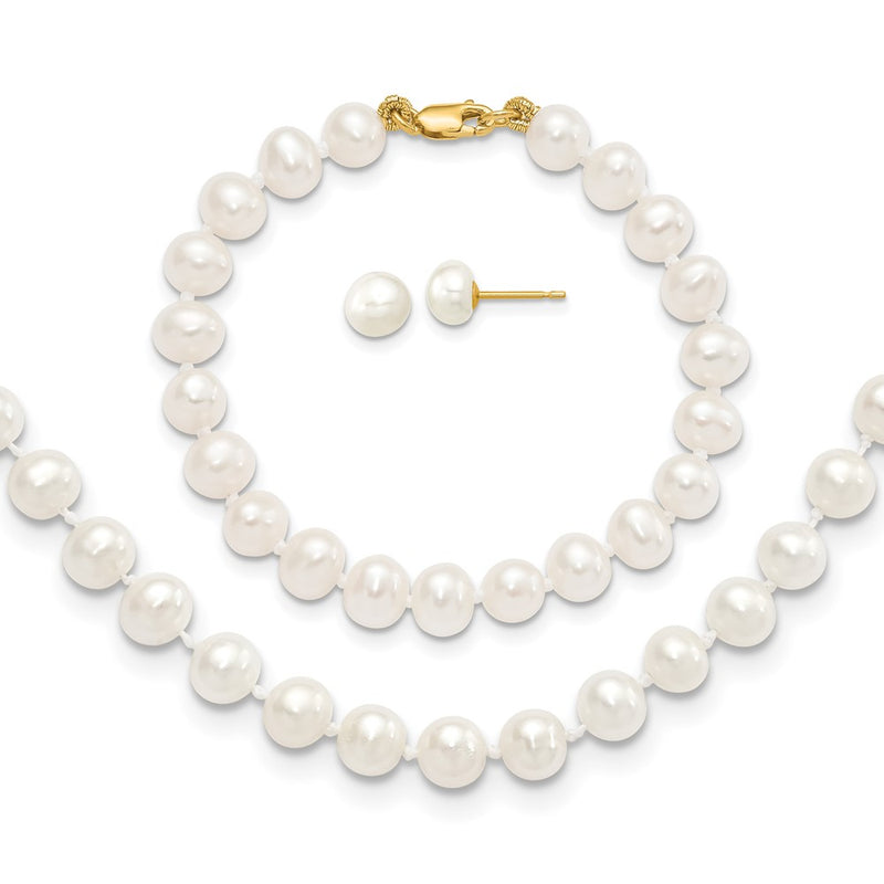 14K Yellow Gold 5-6mm Freshwater Cultured Pearl 5in Bracelet, 14in Necklace & Earring Set