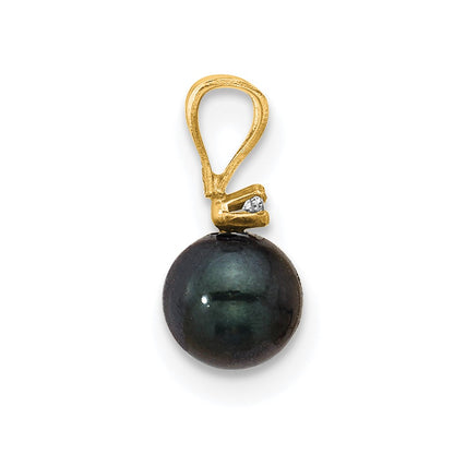 14k Yellow Gold 14k 5-6mm Black Round Akoya Saltwater Cultured Pearl and .01 Carat Diamond Pendant