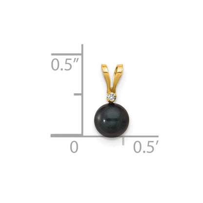 14k Yellow Gold 14k 5-6mm Black Round Akoya Saltwater Cultured Pearl and .01 Carat Diamond Pendant