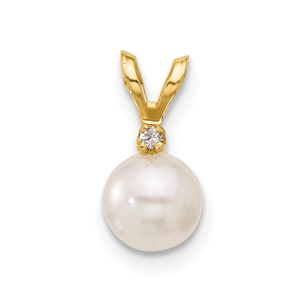 14K Yellow Gold 5 6mm White Round Akoya Saltwater Cultured Pearl And .01 Carat Diamond Pendant