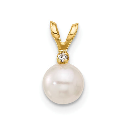 14K Yellow Gold 5 6mm White Round Akoya Saltwater Cultured Pearl And .01 Carat Diamond Pendant