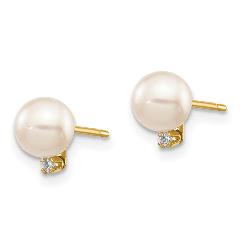 14K Yellow Gold 5 6mm White Round Akoya Saltwater Cultured Pearl And .02 Carat Diamond Post Earrings