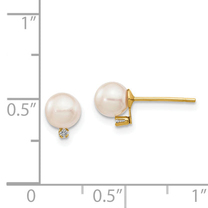 14K Yellow Gold 5 6mm White Round Akoya Saltwater Cultured Pearl And .02 Carat Diamond Post Earrings