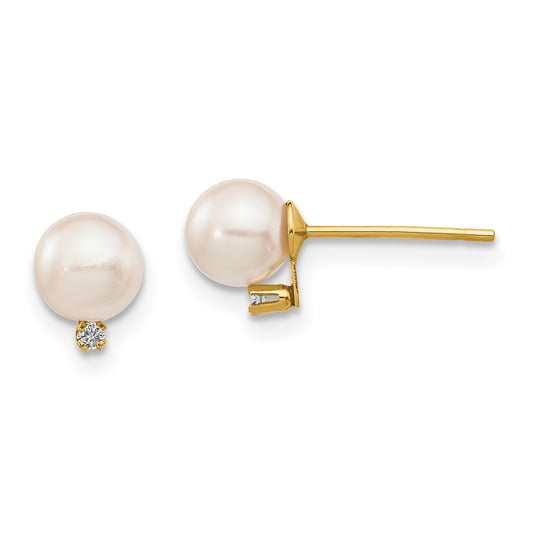 14K Yellow Gold 5 6mm White Round Akoya Saltwater Cultured Pearl And .02 Carat Diamond Post Earrings