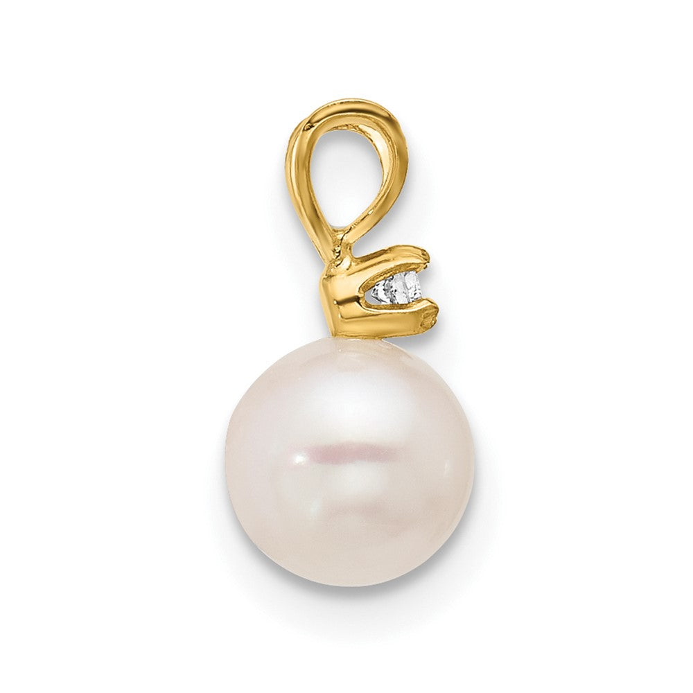 14K Yellow Gold 6 7mm White Round Akoya Saltwater Cultured Pearl And .03 Carat Diamond Pendant