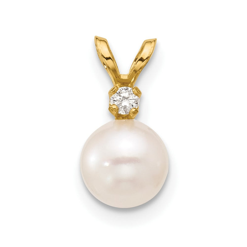 14K Yellow Gold 6 7mm White Round Akoya Saltwater Cultured Pearl And .03 Carat Diamond Pendant