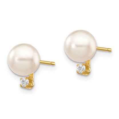 14K Yellow Gold 6 7mm White Round Akoya Saltwater Cultured Pearl And 1/20 Carat Diamond Post Earrings
