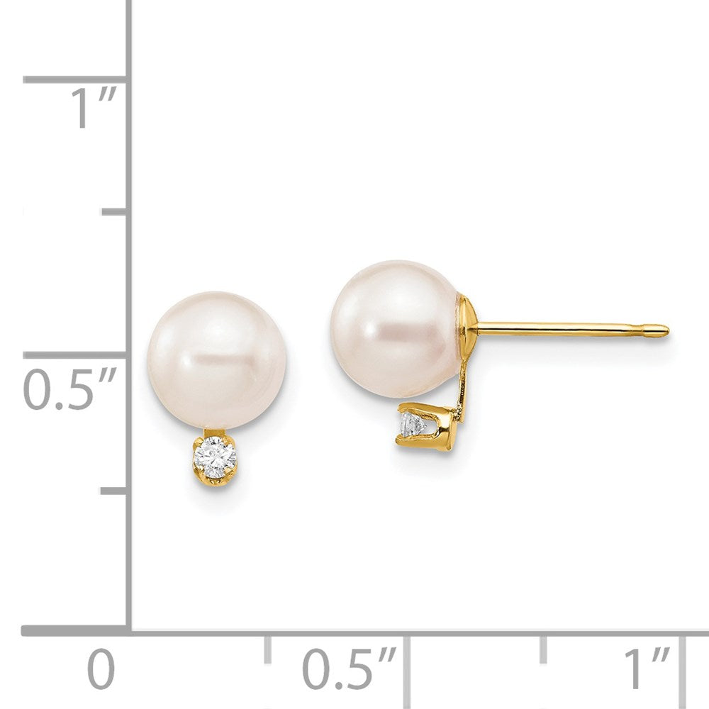 14K Yellow Gold 6 7mm White Round Akoya Saltwater Cultured Pearl And 1/20 Carat Diamond Post Earrings