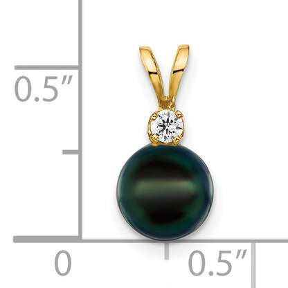 14k Yellow Gold 14k 7-8mm Black Round Akoya Saltwater Cultured Pearl and 1/20 Carat Diamond Pendant