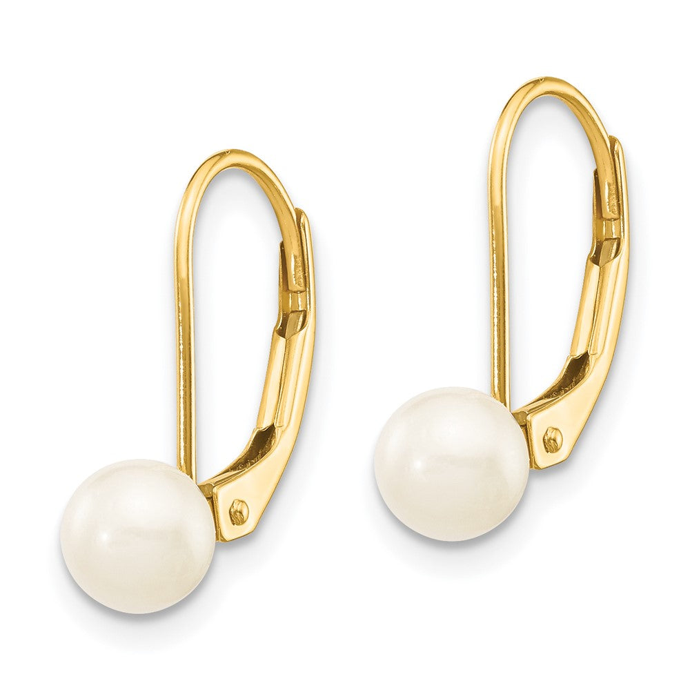 14K Yellow Gold 5 6mm White Round Akoya Saltwater Cultured Pearl Leverback Earrings