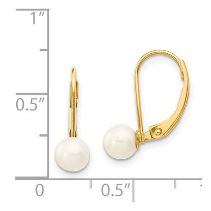 14K Yellow Gold 5 6mm White Round Akoya Saltwater Cultured Pearl Leverback Earrings