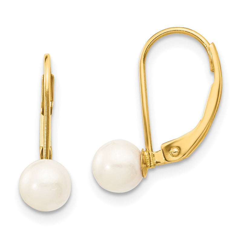 14K Yellow Gold 5 6mm White Round Akoya Saltwater Cultured Pearl Leverback Earrings