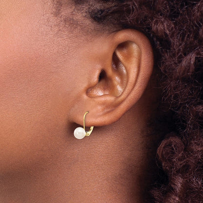 14K Yellow Gold 6 7mm White Round Akoya Saltwater Cultured Pearl Leverback Earrings