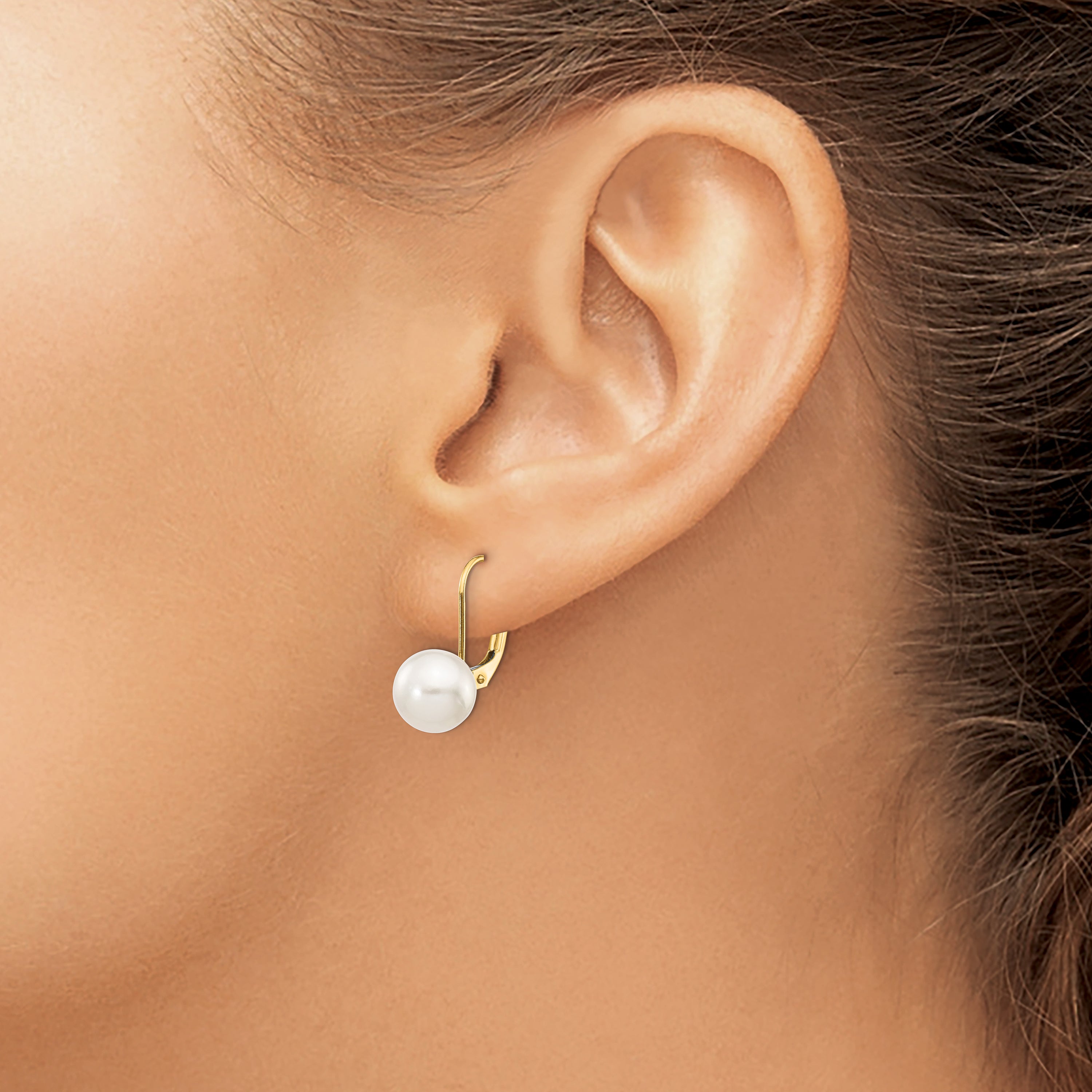 14K Yellow Gold 8 9mm White Round Akoya Saltwater Cultured Pearl Leverback Earrings