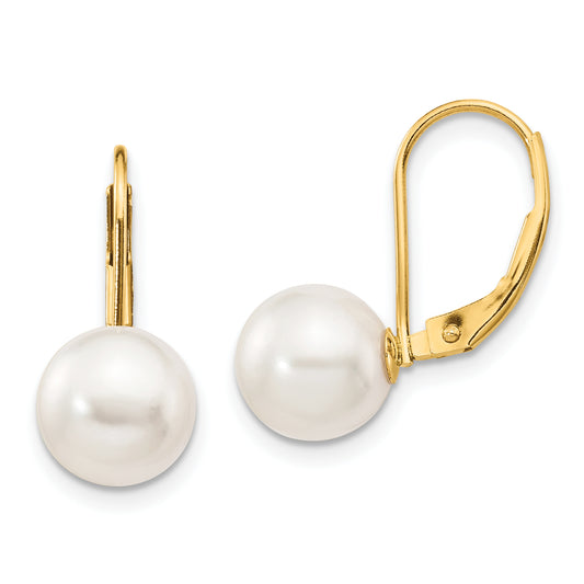 14K Yellow Gold 8 9mm White Round Akoya Saltwater Cultured Pearl Leverback Earrings