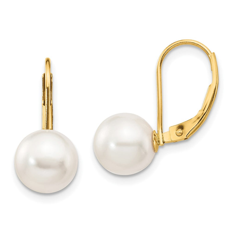 14K Yellow Gold 8 9mm White Round Akoya Saltwater Cultured Pearl Leverback Earrings