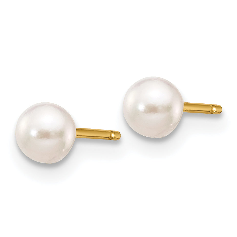 14K Yellow Gold 3 4mm White Round Akoya Saltwater Cultured Pearl Stud Post Earrings