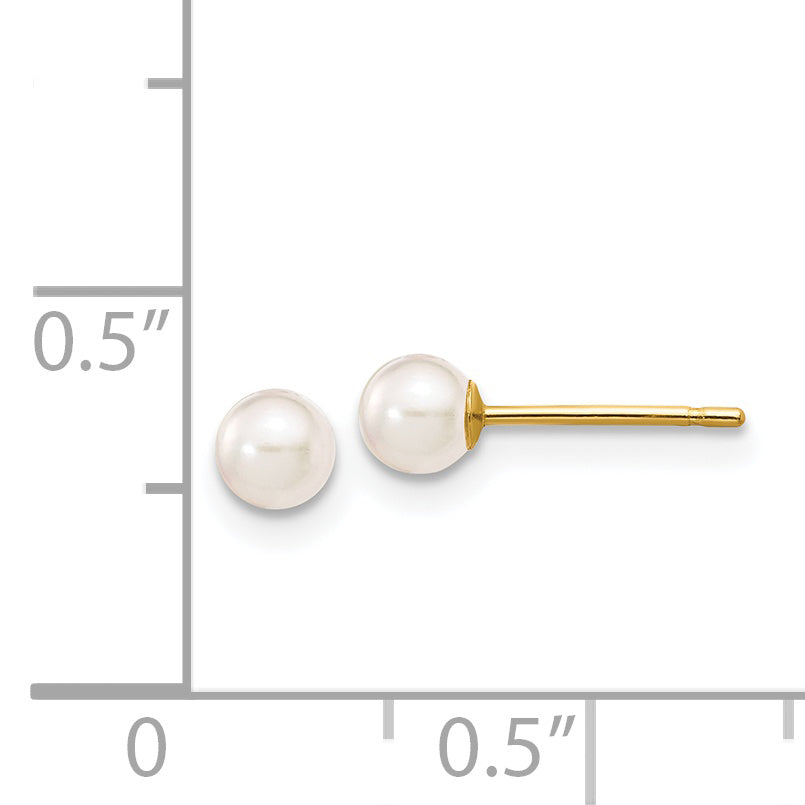 14K Yellow Gold 3 4mm White Round Akoya Saltwater Cultured Pearl Stud Post Earrings