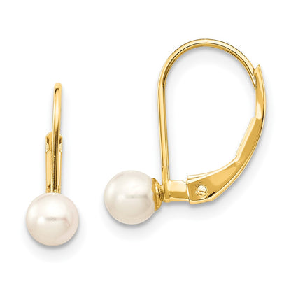 14K Yellow Gold 4 5mm White Round Freshwater Cultured Pearl Leverback Earrings