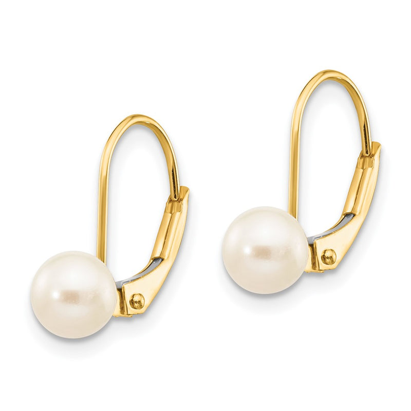 14K Yellow Gold 5 6mm White Round Freshwater Cultured Pearl Leverback Earrings