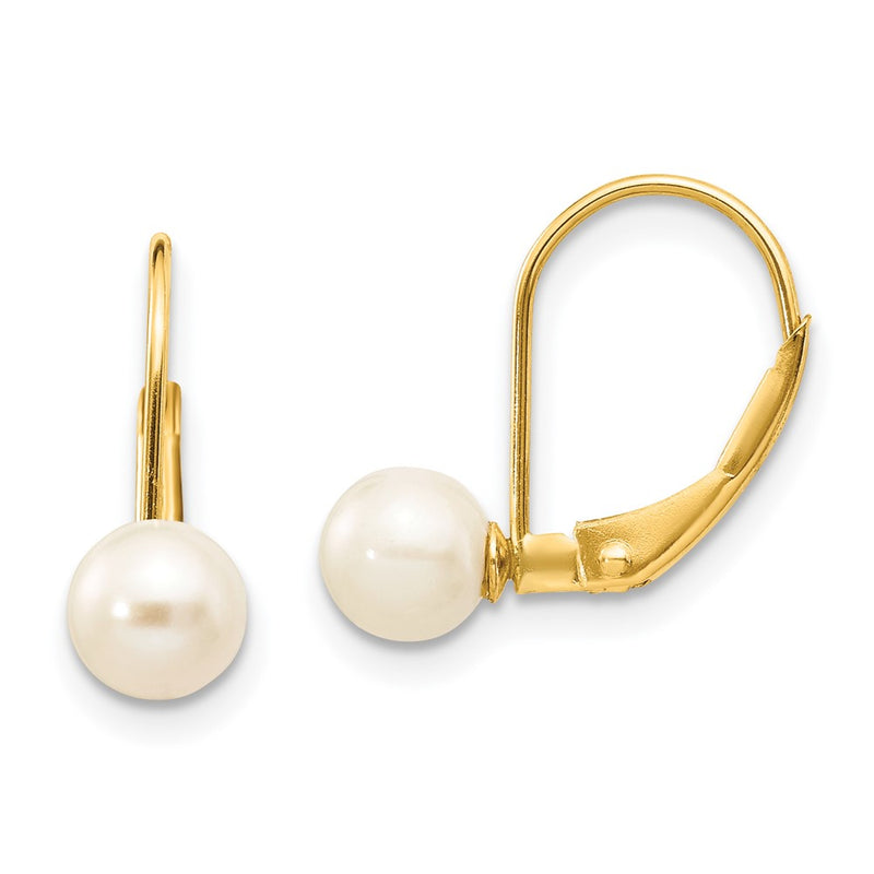 14K Yellow Gold 5 6mm White Round Freshwater Cultured Pearl Leverback Earrings