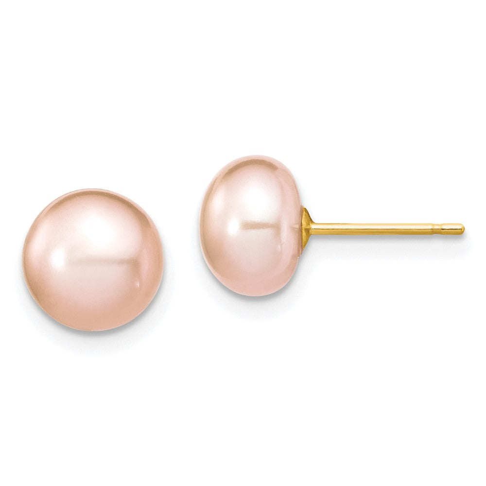 14K Yellow Gold 7-8mm Near Round Pink Fwc Pearl Necklace and Button Earring Set