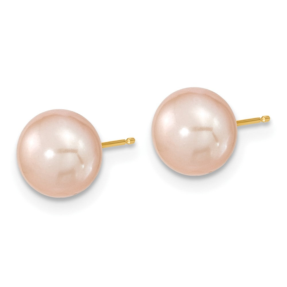 14K Yellow Gold 7-8mm Near Round Pink Fwc Pearl Necklace and Button Earring Set