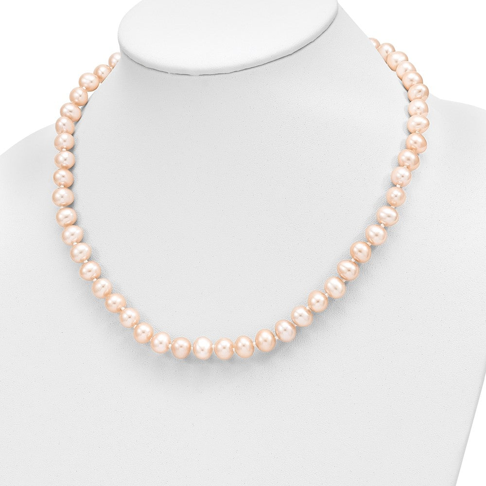 14K Yellow Gold 7-8mm Near Round Pink Fwc Pearl Necklace and Button Earring Set