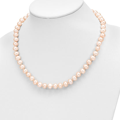 14K Yellow Gold 7-8mm Near Round Pink Fwc Pearl Necklace and Button Earring Set