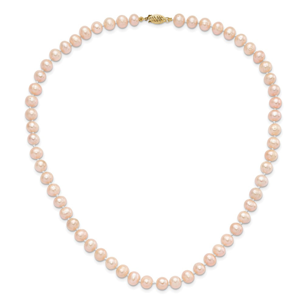 14K Yellow Gold 7-8mm Near Round Pink Fwc Pearl Necklace and Button Earring Set