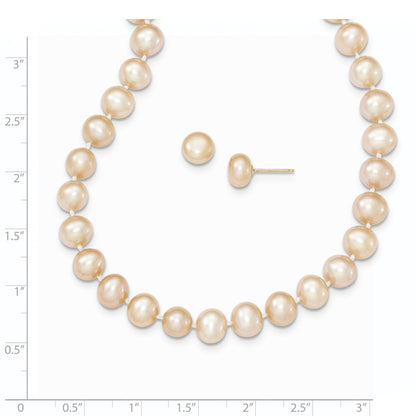 14K Yellow Gold 7-8mm Near Round Pink Fwc Pearl Necklace and Button Earring Set