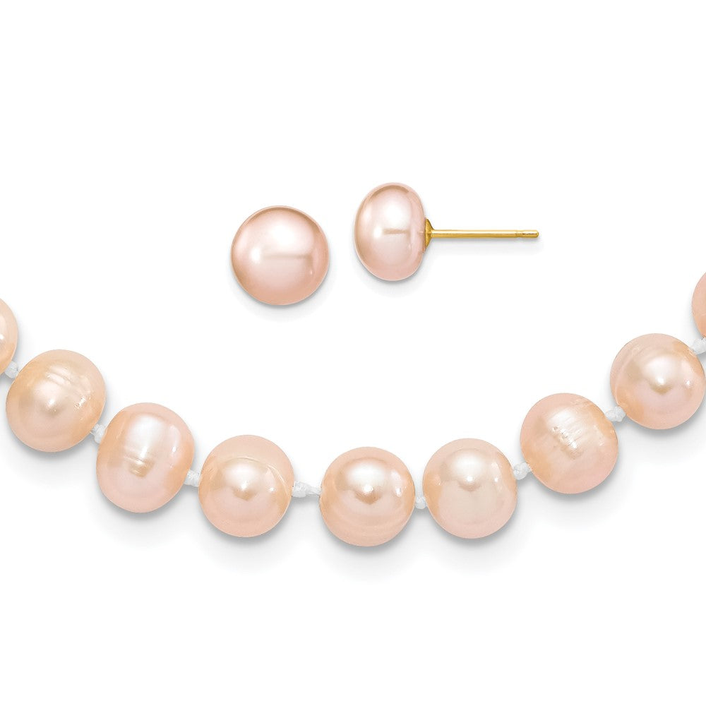 14K Yellow Gold 7-8mm Near Round Pink Fwc Pearl Necklace and Button Earring Set