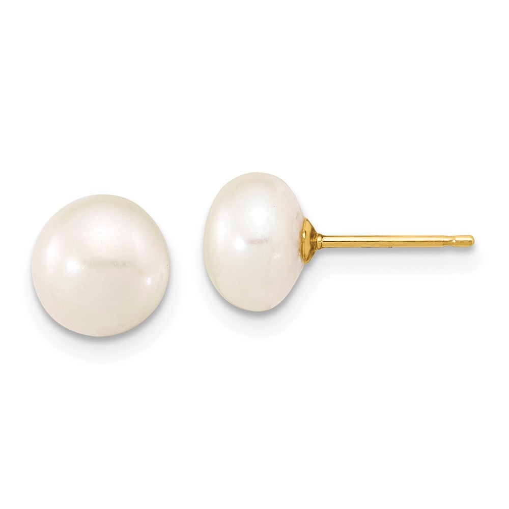 14K Yellow Gold 7-8mm Near Round White Fwc Pearl Necklace & Button Earring Set