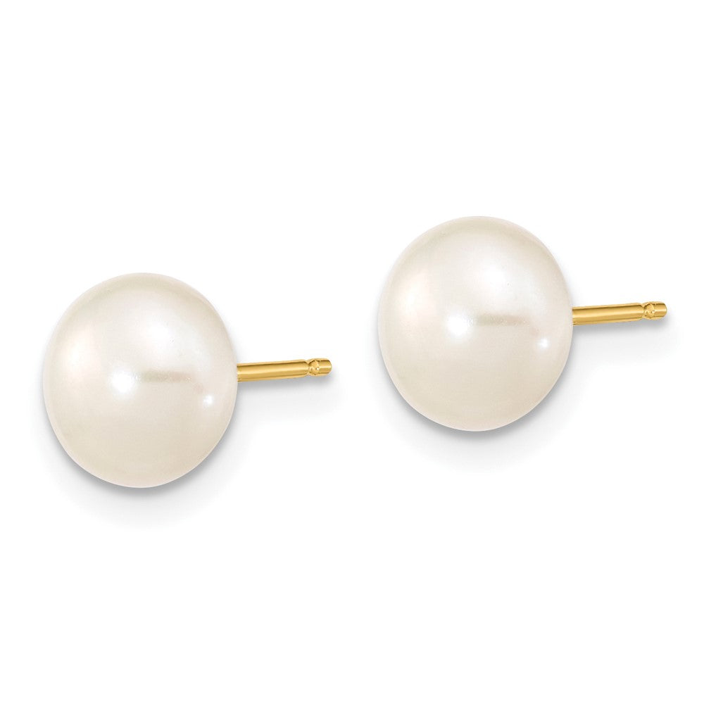 14K Yellow Gold 7-8mm Near Round White Fwc Pearl Necklace & Button Earring Set