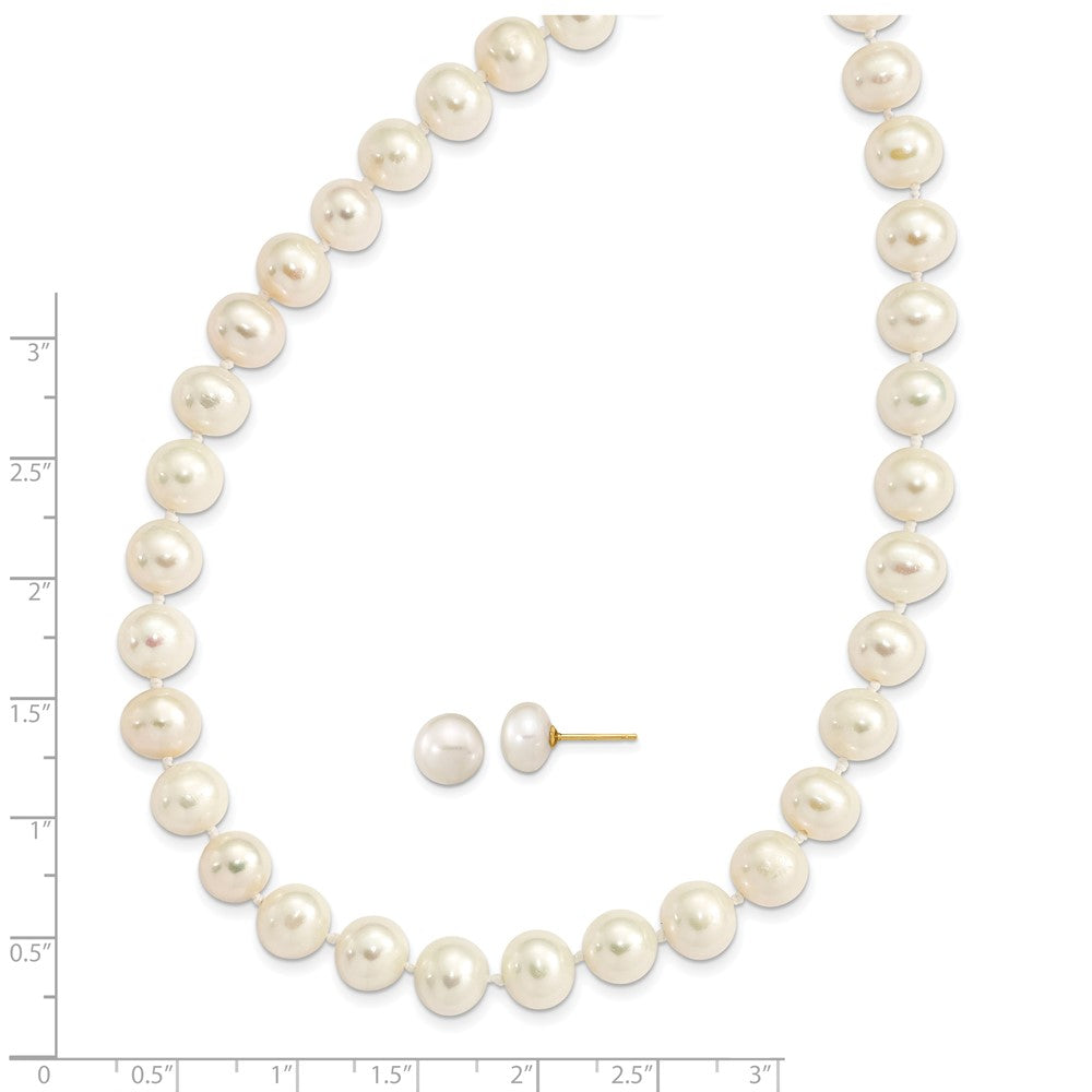 14K Yellow Gold 7-8mm Near Round White Fwc Pearl Necklace & Button Earring Set