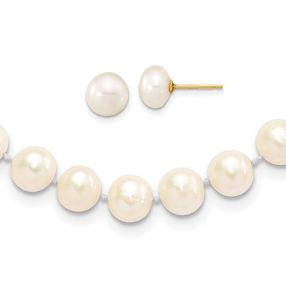 14K Yellow Gold 7-8mm Near Round White Fwc Pearl Necklace & Button Earring Set
