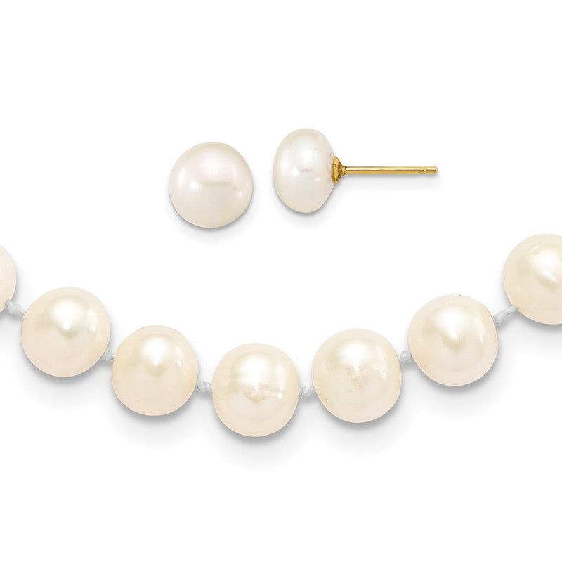 14K Yellow Gold 7-8mm Near Round White Fwc Pearl Necklace & Button Earring Set