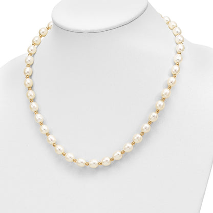 14K Yellow Gold 7-8mm White Freshwater Cultured Pearl Necklace and Bead Post Earring Set