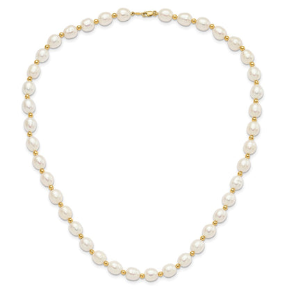 14K Yellow Gold 7-8mm White Freshwater Cultured Pearl Necklace and Bead Post Earring Set