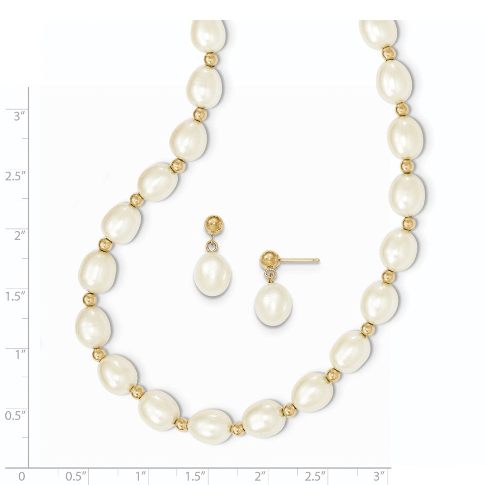 14K Yellow Gold 7-8mm White Freshwater Cultured Pearl Necklace and Bead Post Earring Set
