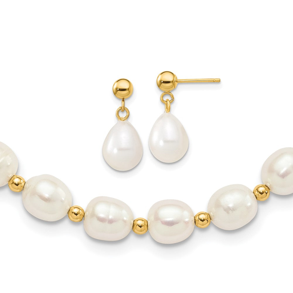 14K Yellow Gold 7-8mm White Freshwater Cultured Pearl Necklace and Bead Post Earring Set