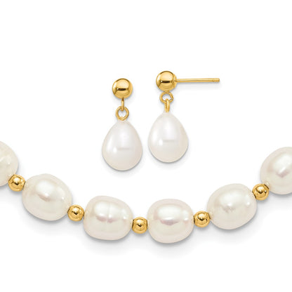 14K Yellow Gold 7-8mm White Freshwater Cultured Pearl Necklace and Bead Post Earring Set